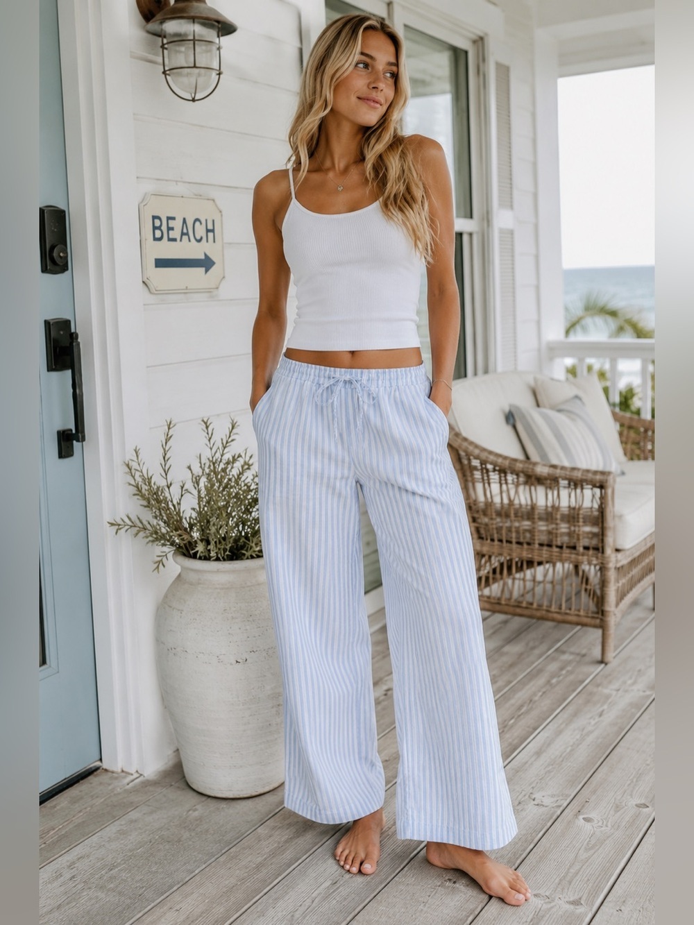 Hollister Oxford Coastal Wide Leg Lounge Pants Pockets Quiet Luxury | Large